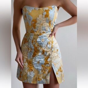 Showpo Strapless Dress with Yellow and Blue Floral Design